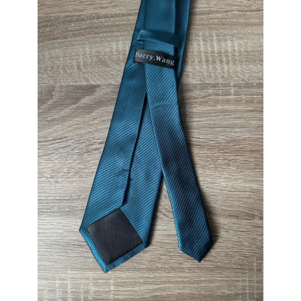 Barry Wang 100% Silk Tie Teal Blue‎ Ribbed Striped Handmade Italy 57" x 3.15"